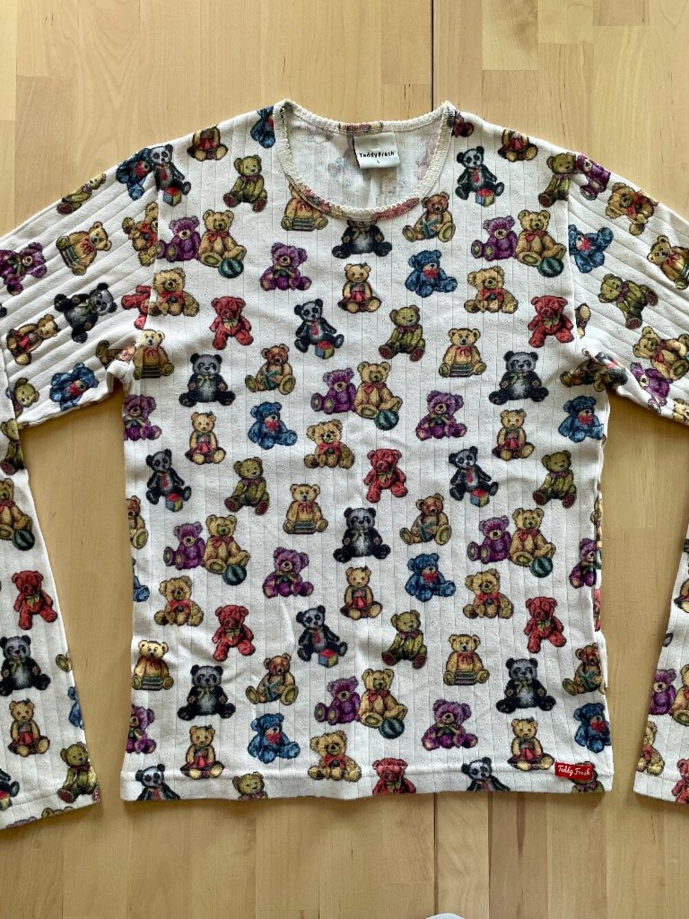 Teddy Fresh Women's Teddy Bears Pointelle Long Sleeve Top Blouse size Large